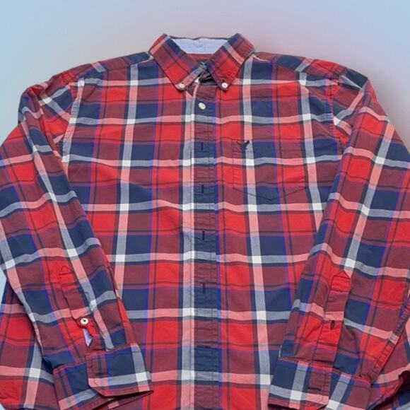 AMERICAN EAGLE Men’s Medium Red Blue Flannel Shirt - Picture 2 of 3